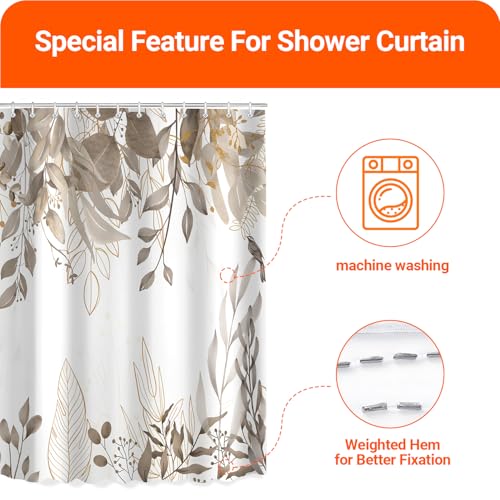 Lerores Shower Curtain, 240 x 200 cm, Grey Autumn Leaves, Weighted Hem, Anti-Mould, Water-Repellent - Image 3