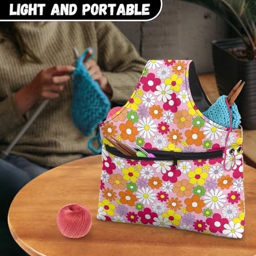 Image of ZUXONGSY Colorful Daisy Yarn Bag for Knitting Pink Knitting Crochet Tote Bag for Women Yarn Tote Handbags for Crocheting