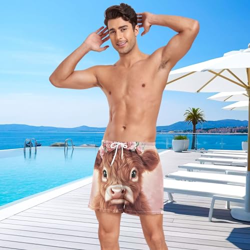 Men's Swim Trunks Cute Highland Cow Garland, Quick Dry Beach Board Shorts with Liner, Swimwear Bathing Suits S4