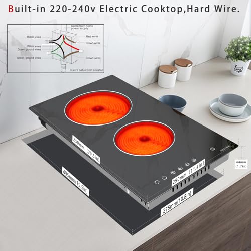 Image of Noxton 2 Burner Electric Cooktop 12 Inch, Built-in Electric Radiant Ceramic Stove Top, Sensor Touch Control, Child Safety Lock, Timer, 3000W, Hard Wire for 220V~240V