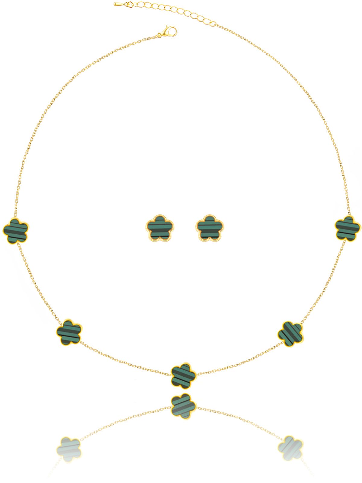 Qinpan Four Leaf Clover Necklace and Stud Earrings Set for Women Lucky Flower 14K Gold Jewelry