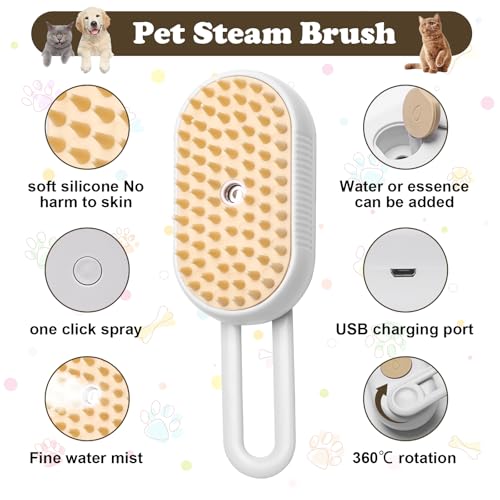 Image of 3-in-1 Cat Steam Brush for Shedding, Massaging & Grooming, Rechargeable, Misty Brush for Cats & Dogs, White, 3 Count