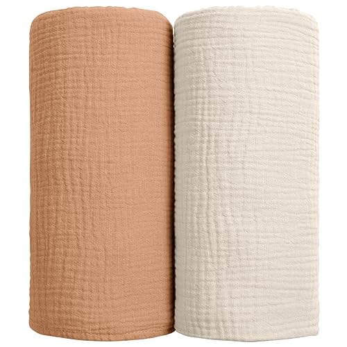 Image of lulumoon Muslin Swaddle Blanket Baby - Cotton Swaddling Blanket Soft Baby Receiving Blankets Neutral 2Pack(Caramel)