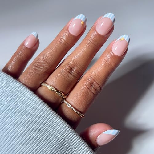 Glamnetic Press On Nails - Summer Fresco | Short Oval Fake Nails with Striped Blue French Tips & Lemon Accents | Salon Quality Summer Nails | 15 Sizes - 30 Nail Kit with Glue