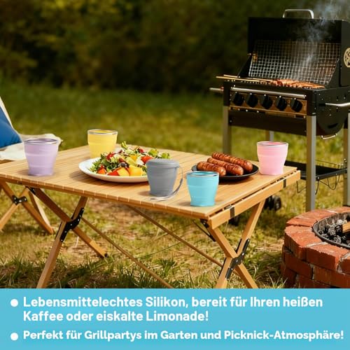 Bidponds 260ml Faltbarer Silikonbecher mit Deckel, BPA-frei, 304 Edelstahlrand, tragbarer Becher für Reisen, Camping, Wandern, Outdoor-Sportarten (Hellviolett)