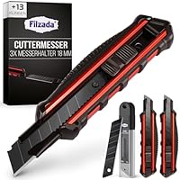 Filzada ® 3x Cuttermesser Profi inkl. 13x Carbonstahl Klingen BLACK - Cuttermesser 18mm - Robustes Teppichmesser Profi - Cutter Messer Set - Kattermesser Metall ULTRASCHARF