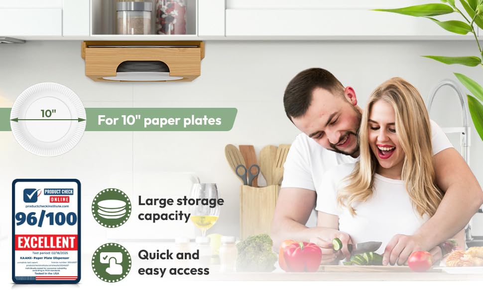 10 inch Paper Plate Dispenser Holder Bamboo Under Cabinet Vertical Rack for Kitchen Countertop Organizer Space Saver Shelf Lid Holder Counter Storage Can Dispenser Pantry Aid Caddy Estante