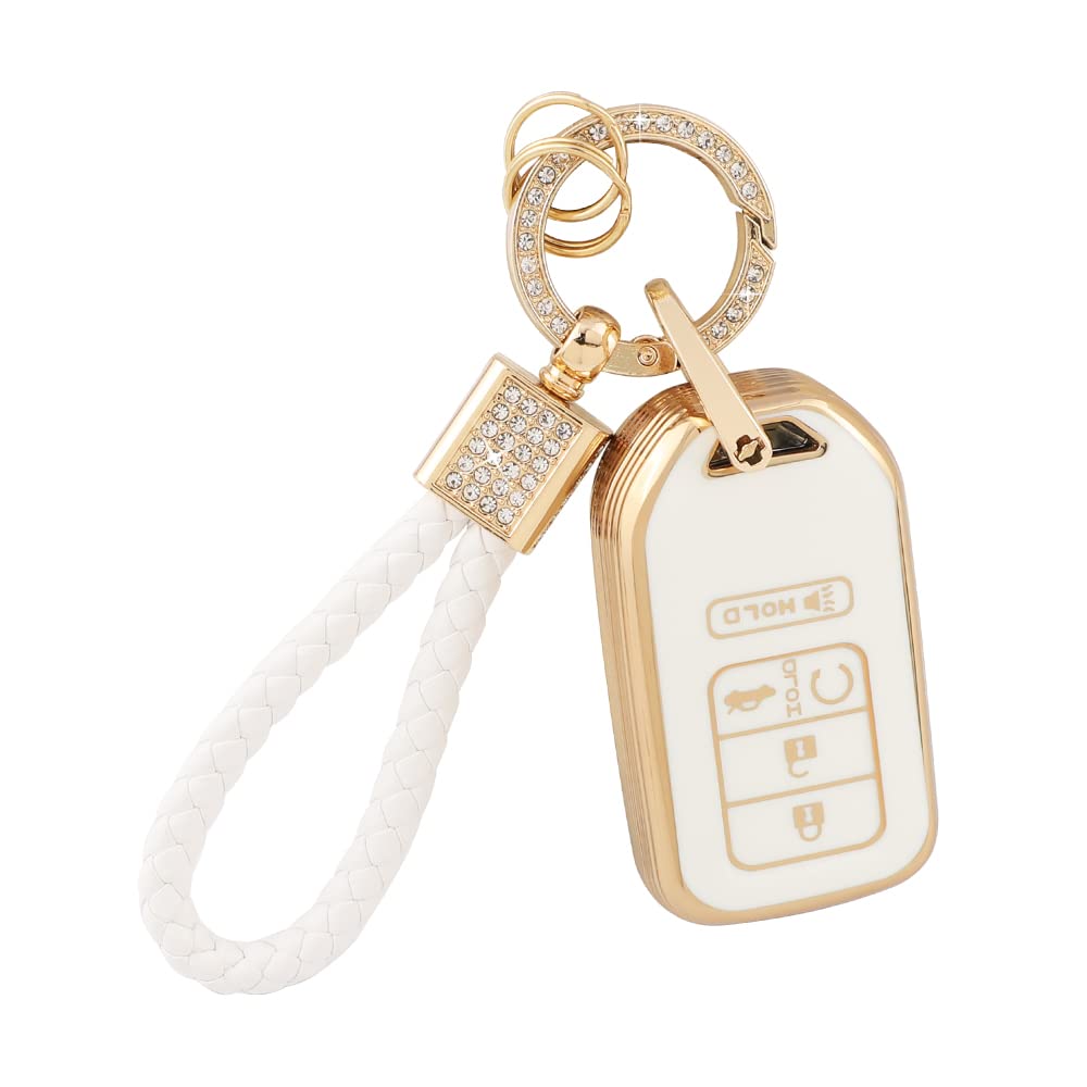 PIFOOG Key Fob Cover for Honda Civic Accord CRV Passort Pilot Insight Accessories 5 Buttons Car Remote Keys Case Shell Protector Bling Keychain White Gold TPU Girly Women Cute