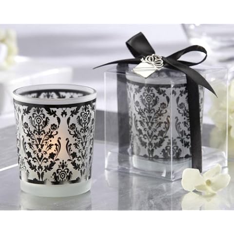 Damask Frosted Glass Tea Light Holder with Kate Aspen Signature Charm & soy tealight (Set of 4) Cover