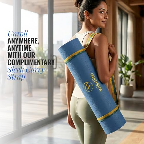 Image of WiseLife Classic Eco-TPE 8 MM Yoga Mat with Yoga Strap for Men & Women | Extra Thick, Long & Wide Non-Slip, Anti-Tear Exercise Mat for Home, Gym, Workout, Fitness, Yoga & Pilates (Blue)