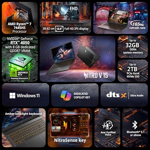 Image of acer Nitro V 15, AMD Ryzen 7-7445HS, NVIDIA GeForce RTX 4050-6 GB, 16GB DDR5, 512GB SSD, FHD IPS, 15.6 inch /39.62cm, 165Hz, Win 11 Home, Obsidian Black, 2.1KG, ANV15-42, Gaming Laptop