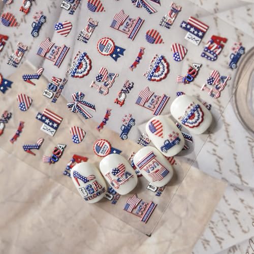 Image of Red Blue Nail Atickers American Flag Nail Art Stickers 5D Embossed Self Adhesive Patriotic Nail Decals with Design for Women Girls Kid Maniucre DIY Decoration Accessories