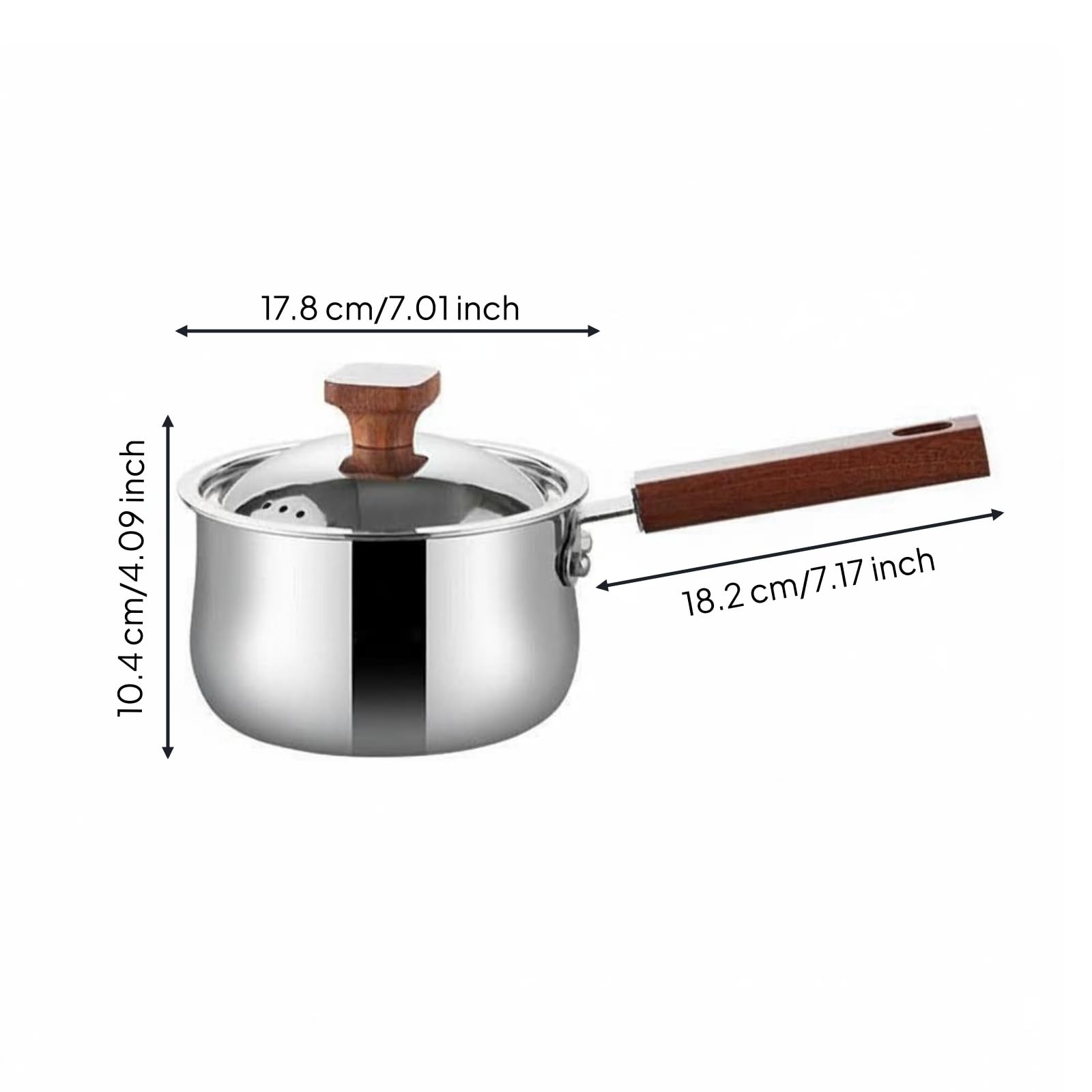 Pentola Inox Latte Cottura Pentolino Casseruola con Coperchio Acciaio 304 Base Tripla Conduzione Uniforme Manico Ergonomico in Legno Senza, 18cm