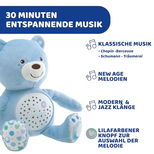 Chicco Kuscheltier Bär, Baby Spielzeug ab Geburt, Teddybär Plüsch, weicher Projektor mit Nachtlicht, Lichteffekten und entspannenden Melodien, Kinderspielzeug 0+ Monate, Hellblau, Kindertag Geschenk