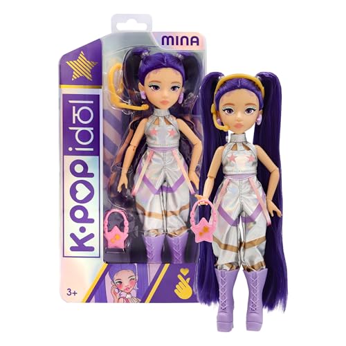 K-POP IDOL Muñeca Mina Fashion Doll Estilo K-Pop Starlight, Cabello Morado con Coletas. 3 Accesorios para Crear Outfits Optimo para Fans a Partir de 3 Años de Edad
