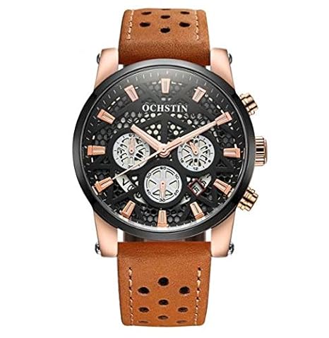 Ochstin Business Casual Honey Comb Black Dial Full Chronograph Watch with Leather Band for Men and Boys