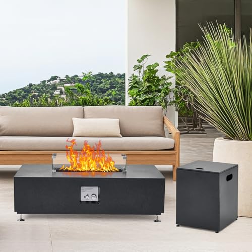 48" Outdoor Fire Table, 48 inch Rectangle Propane Gas Fire Pit Table, 50,000 BTU Modern Firepit with 16 inch Tank Cover Side Table, Wind Guard, Fire Glass, Rain Cover