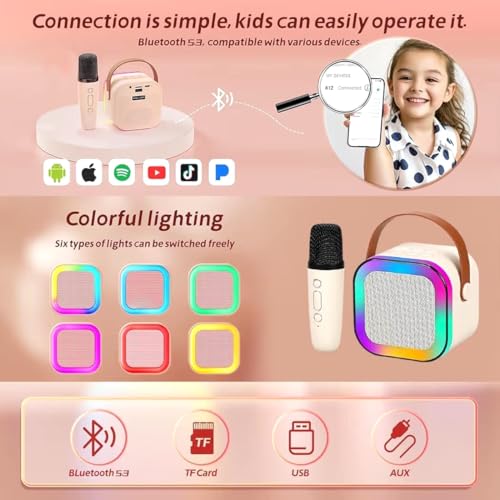 Image of Cream Portable Bluetooth Speaker with Wireless Mic, RGB LED Party Light, Heavy Bass Karaoke Speaker, Rechargeable Battery, Portable Handle, Wireless Mic for Kids & Adults, Home & Outdoor Party