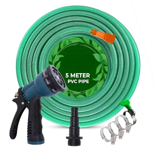Image of Amazon Basics 5M, 0.5 Inch Braided PVC Garden Hose Pipe with 8 Pattern Spray Gun with 4 Clamps and tap Adaptor - Green | Heavy Duty Water Pipe for Garden, Car Washing, Garden Pipe for Home