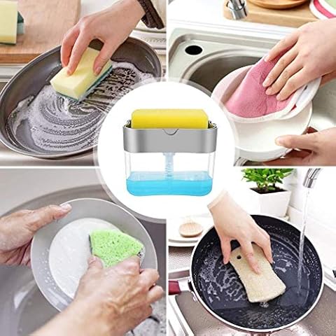 Dish Soap Dispenser for Kitchen Sink Bathroom ,Liquid Soap Dispenser with Sponge Caddy Holder, 2 in 1 Detergent Dispenser Hand Pump 380ml Cover