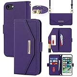 Jaorty Crossbody Wallet for iPhone 7/iPhone 8 Case with Adjustable Lanyard Strap Credit Card Holder 4.7',PU Leather Handbag Purse Kickstand Make Up Mirror Cover Case for Women Girl,Purple