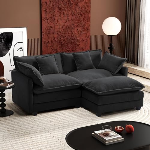 Image of Ihanherry 77 inch L Shaped Modern Sofa Modular Sectional Cloud Couch with Ottoman, 3-Seat Chenille Deep Seat Sofa with Pillow for Living Room, Bedroom and Apartment, Black