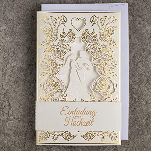 Art Nuvo HOCHZEITSEINLADUNGEN-20 St.130x205mm, MIT BEDRUCKBAREN EINLAGEN UND UMSCHLÄGEN FÜR HOCHZEIT, LASERGESCHNITTEN,MIT GOLDFOLIE VEREDELT.GEPRESSTES MUSTER MIT EINGRAVIERTEN AUFSCHRIFTEN ZAP_DE_09 Cover