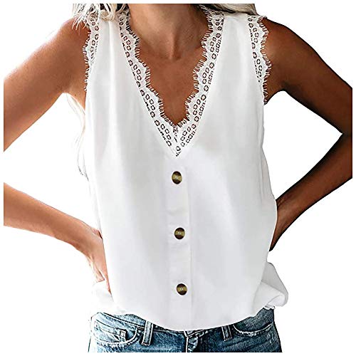 Aniywn Womens Lace Trim Tank Tops, Women Summer V-Neck Button Splice Casual Sleeveless