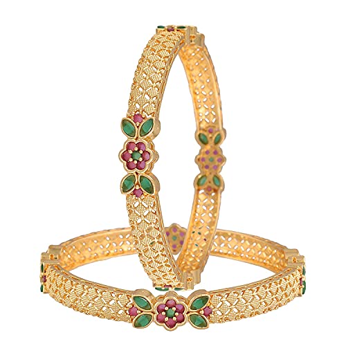 Image of I Jewels 18K Gold Plated Traditional Brass Bangles Encased With CZ American Diamonds For Women /Girls (ADB310MG) (Set of 2)
