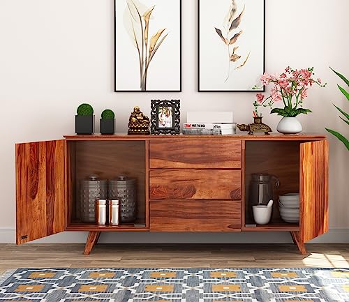 Image of Solid Sheesham Wood Wooden Sideboard Storage Cabinet : Ideal for Living Room and Bedroom with 3 Drawers and 2-Shelf Storage (Honey Finish)
