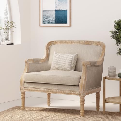 AOPNOMU French Country Accent Chair for Living Room, Mid Century Modern Reading Armchair with Cushion and Slender Turned Legs, Single Sofa Chair for Bedroom, Club, Beige