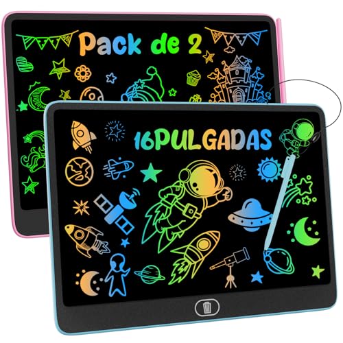 2 Pack 16 Pulgadas Tableta de Escritura LCD, Infantil Tableta de Graffiti de Colores para Niños 3-12 Años, con Borrable y Bloqueo Función, Reutilizable, Juguete Educativo Halloween Navidad (Azul+Rosa)