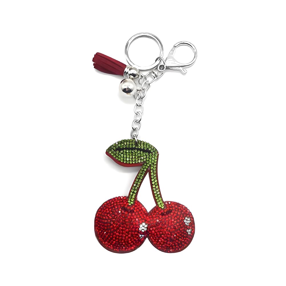 Arfuka Unisex Red Cherry Keyring Full Crystal Rhinestone Keychain Key Ring Holder Alloy Pu Leather Jewelry Car Bag Charm Accessories