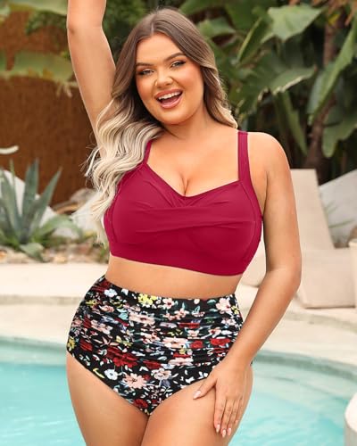 Image of Daci Women Plus Size High Waisted Two Piece Swimsuit Tummy Control Bikini | Twist Front,Ruched Tummy Control,High Waist,V Neck,Full Coverage,Retro,Removable Pads,Adjustable Straps