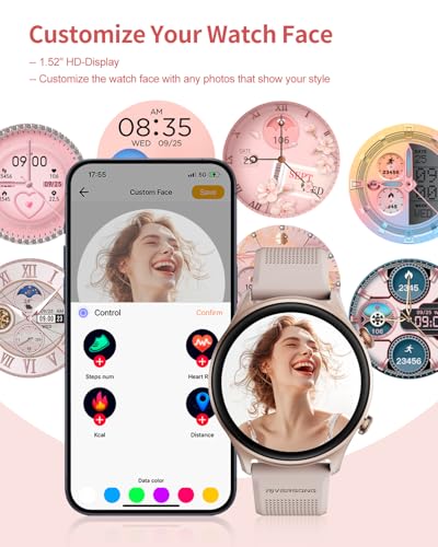 Image of RIVERSONG Round Smart Watch for Women, 1.52 inch Activity Tracker with Answer /Make Call /AI Voice for Android iPhone, 100+ Sport Modes, Heart Rate /Sleep / SpO2 Monitor, Female Cycle, Rose Gold