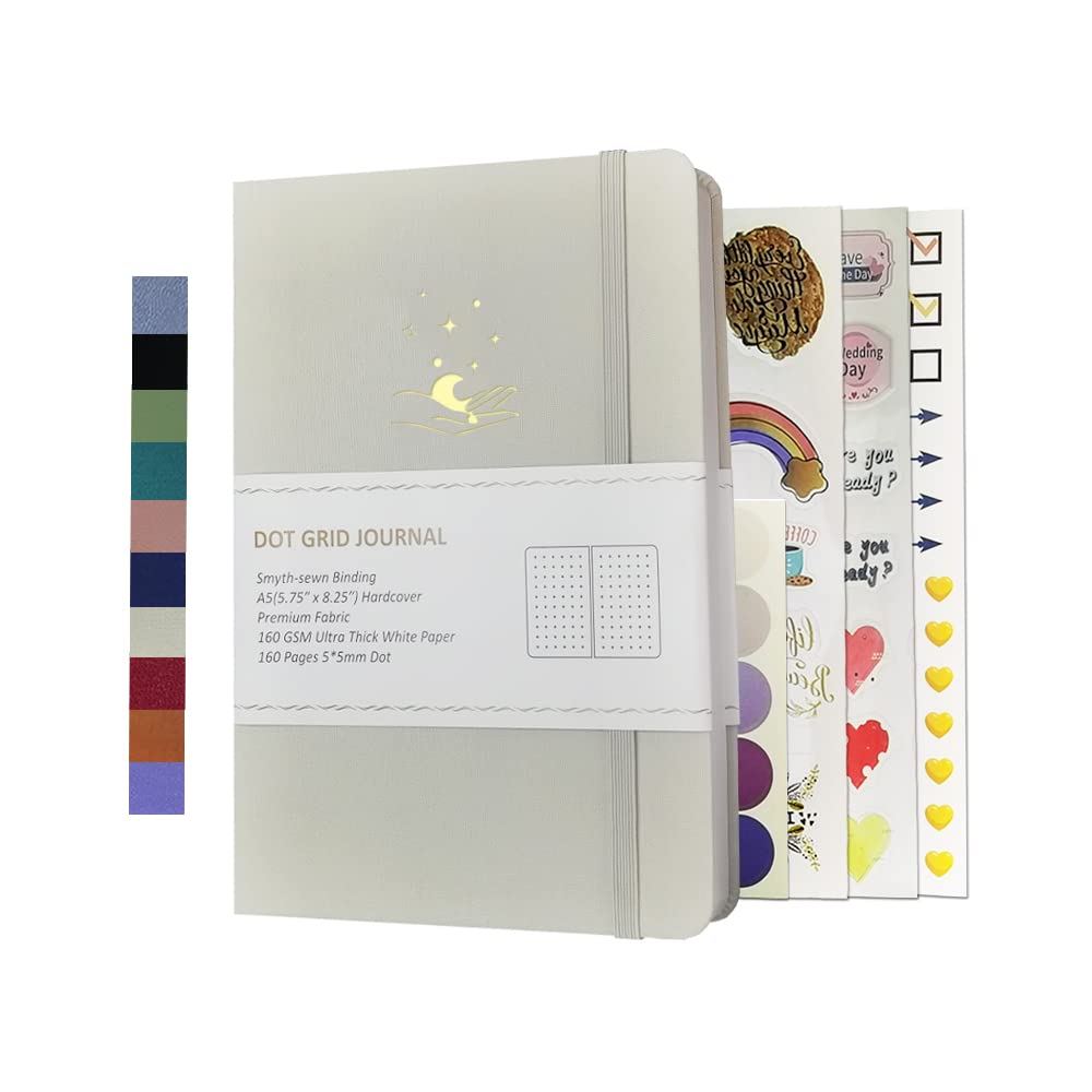 Jourmore Fabric Linen Dotted Paper Notebook A5 Hardcover 160GSM Thick Bright White Paper Diary Notebook With Elastic Strap And Expandable Pocket(Ivory)