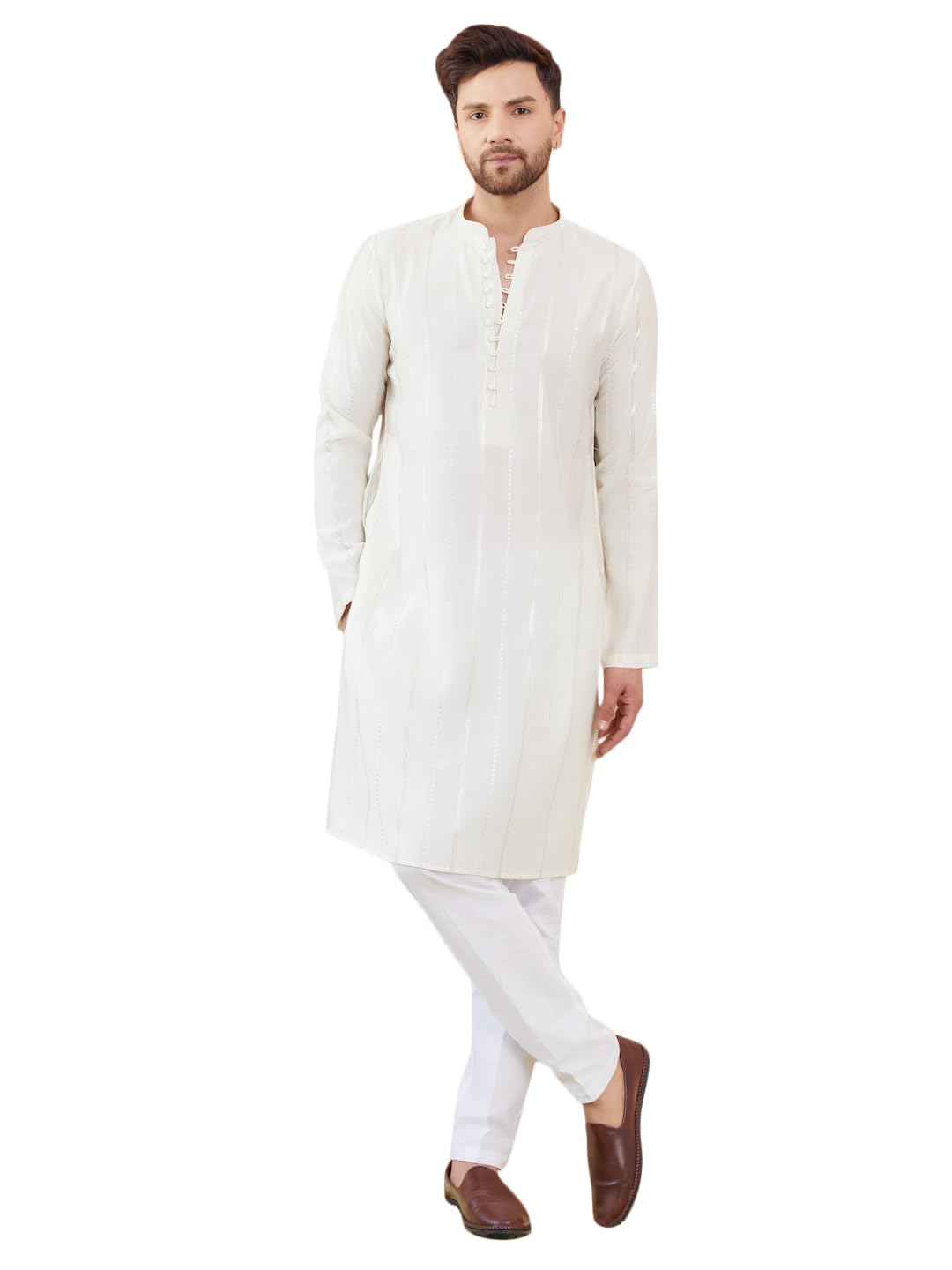 See Designs Men Full Sleeve Side Slit Off White And Gold Chanderi Silk Sequins Mandarin Collar Kurta - Sdkt2437S