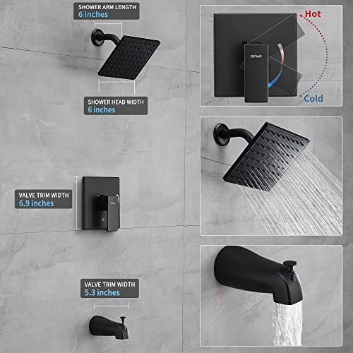 Esnbia Tub Shower Faucet Set (Valve Included) with 6-Inch Rain Shower Head and Tub Spout, Black Shower Head and Handle Set,Single-Handle Tub and Shower Trim Kit, Matte Black - Image 4