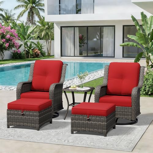 Image of 5 Piece Outdoor Wicker Patio Furniture Set, Outdoor Swivel Rocker Patio Chairs Set with Thickened Olefin Cushions, High Back and Deep Seating, Hand-Woven PE Rattan for Porch, Deck