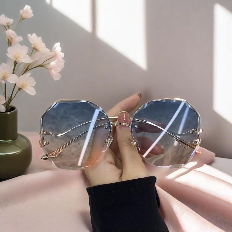 Chinshwehaw 2025 Designer Sunglasses Women - Frameless Geometric Cat Eye, Gold Metal Frame & Blue Pink Gradient Lens, UV400, Lightweight Luxury Sun Glasses for Driving, Beach, Street Style4