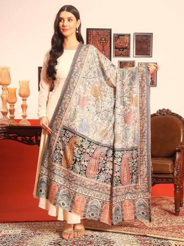 Image of Pashmoda Women Guldasta Fine Wool Fabric Pashmina Kalamkari Embroidered Shawl (Size: 40x80in, 101x203cm)