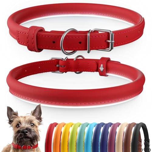 CollarDirect Rolled Leather Dog Collar, Soft Padded Round Puppy Collar, Handmade Genuine Leather Collar Dog Small Large Cat Collars 13 Colors (8-11 Inch, Red Smooth)