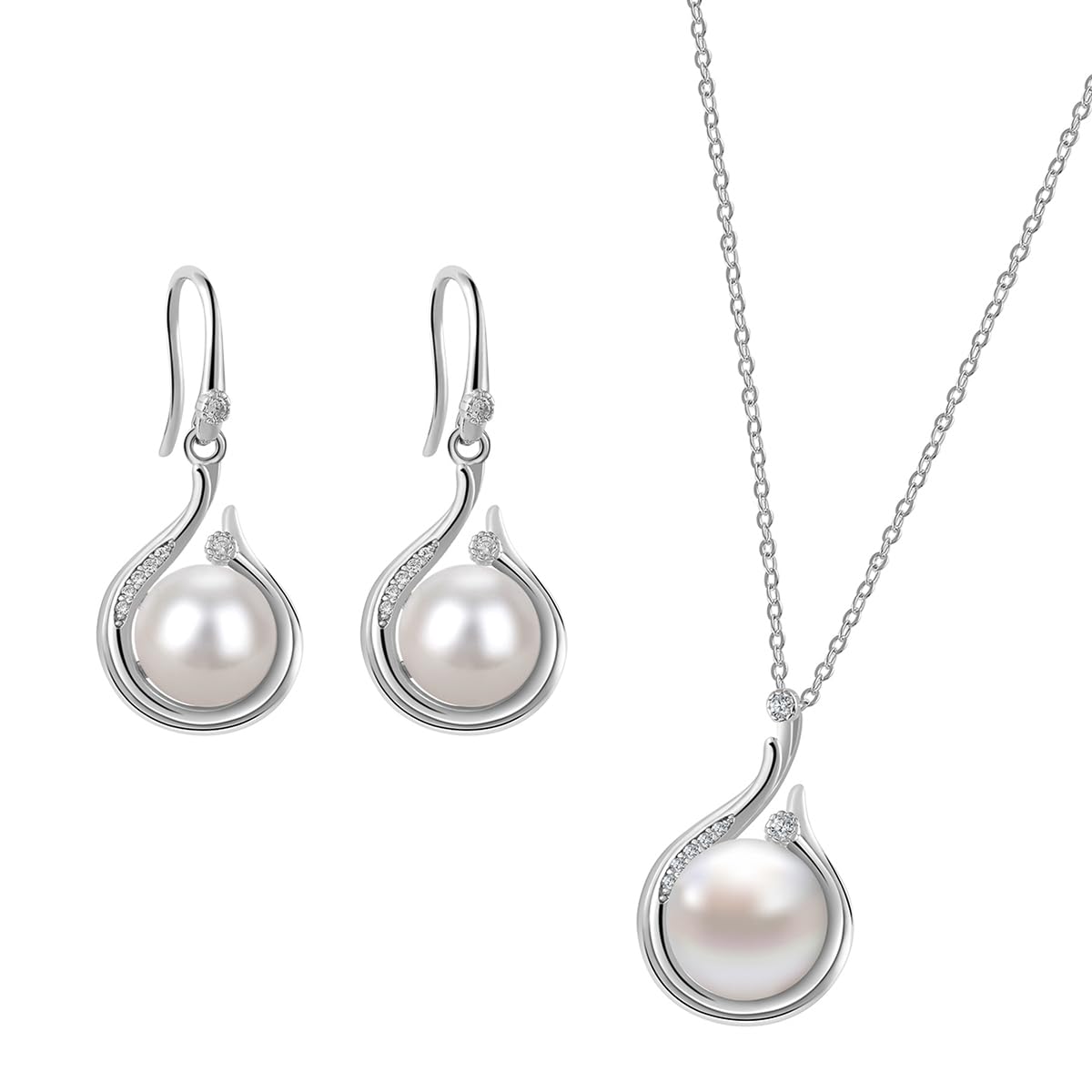 Huacan Juego de joyas para mujer, plata de ley 925, pendientes con perlas, collar de perlas cultivadas de agua dulce, juego de joyas CZ regalos para novia, dama de honor, boda