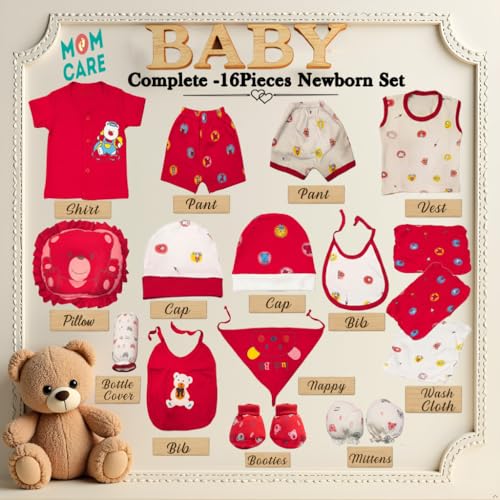 Image of MOM CARE Newborn Baby Gift Set | 100% Cotton Baby Clothing Set | 0?3 Months | Baby Shower & Welcome Gift Box (Red, Set of 16)