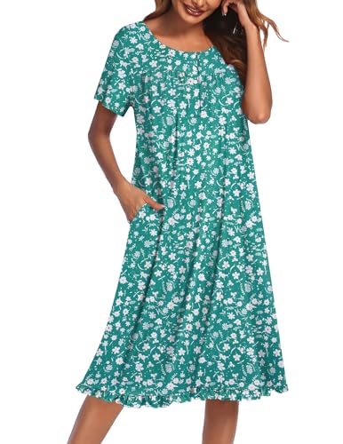 Image of Ekouaer Nightgowns for Women with Pockets Button Front Short Sleeve House Dresses Floral Print Mumu Dress