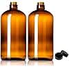 Sally's Organics 32oz Amber Glass Bottles - 2 Pack with USA-Made Tight Seal Lids - Quart-Sized Brown Glass Growlers for Beer, Kombucha, and Juice Storage