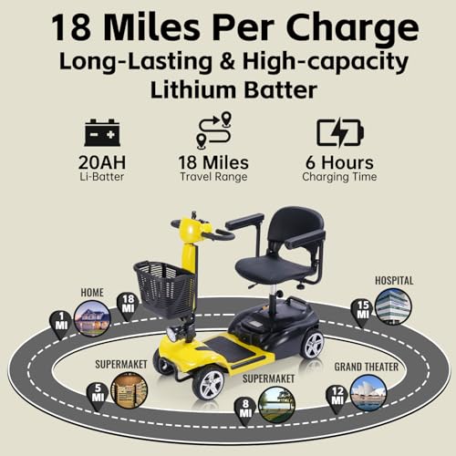 Image of 4 Wheel Mobility Scooter, Electric Scooter with Seat,Lightweight Mobility Scooter with Removable Battery. 6 MPH High Speed 265 lbs Capacity, Foldable Design (Yellow)