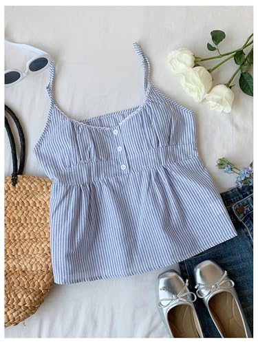 Women's Striped Button Front Flared Camisole Tops Shirred Spaghetti Strap Tank Top4