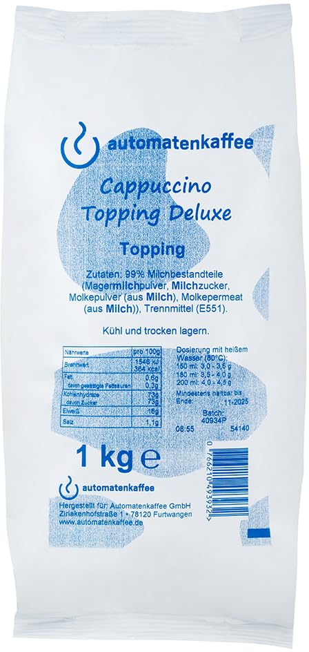 Cappuccino Topping Deluxe 99% Milchbestandteile - Ohne Zuckerzusatz | Automatenfähiges Milchpulver | 1 x 1000g