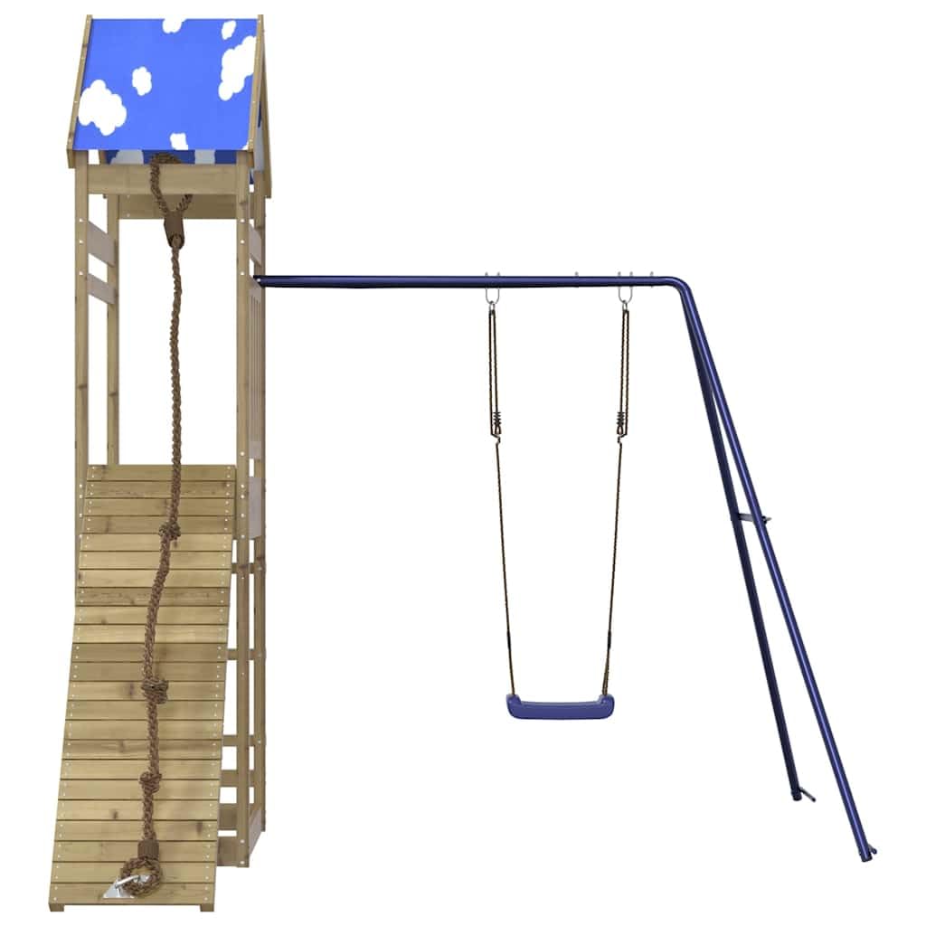Set de juego exterior para niños de madera de pino con torre y columpio